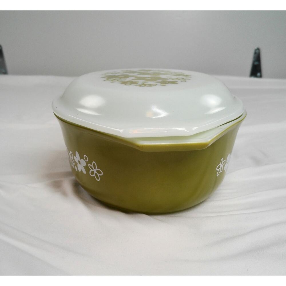 Vtg Olive Green Spring Blossom Pyrex Casserole Dish & Lid 1.5 Qt 043 Crazy Daisy - Picture 4 of 8